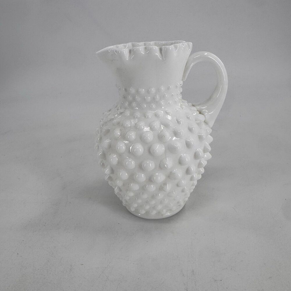 VTG Fenton Milk Glass Hobnail White Jug Syrup Pitcher #3762 12 oz. 5.5" Label
